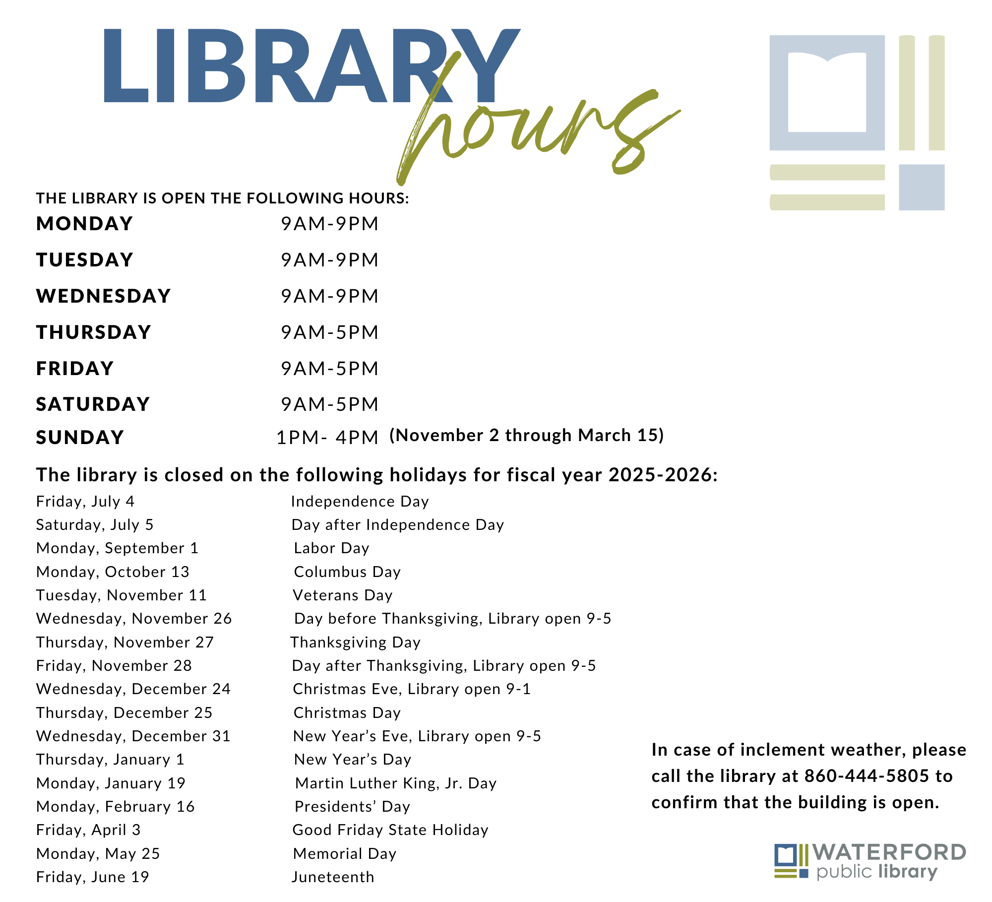 Winter 2025- 2026 library hours (website)
